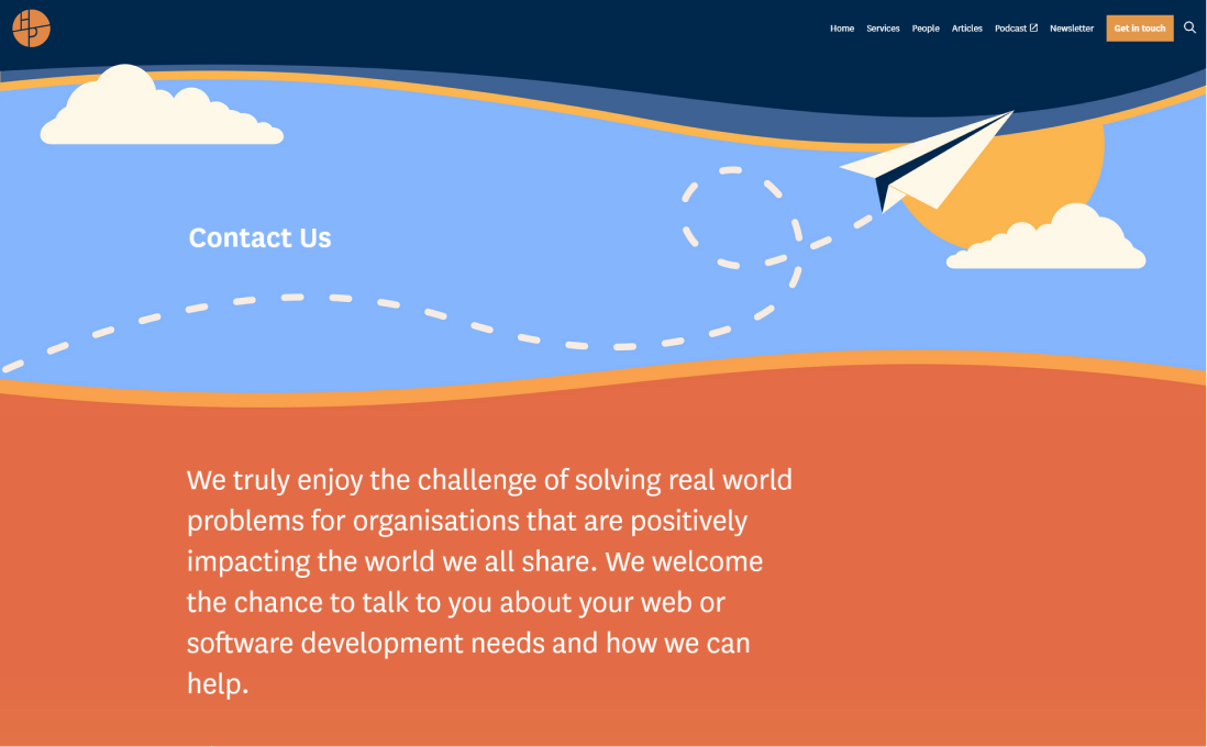 Screenshot of paper plane banner on Contact page on HappyPorch site